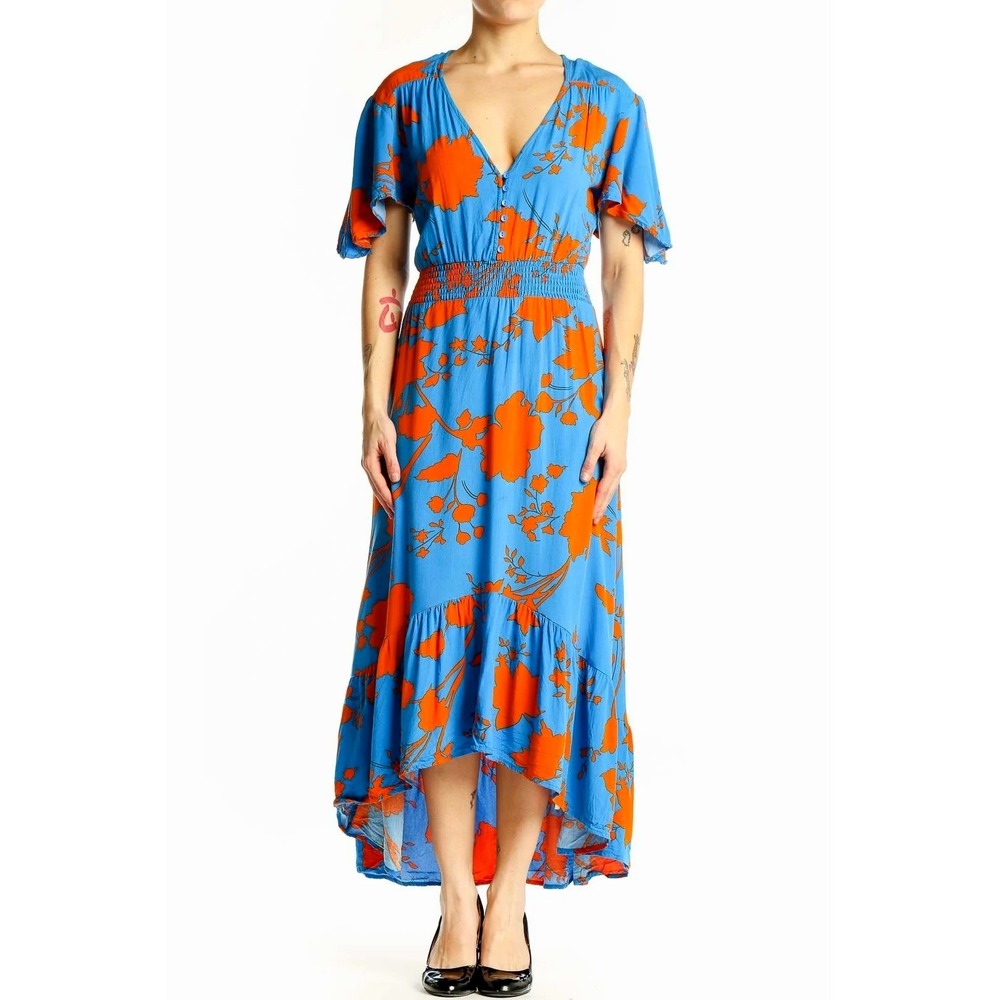 Abel the Label Blue Orange Floral High-Low Smocked Waist Midi Dress XS EUC